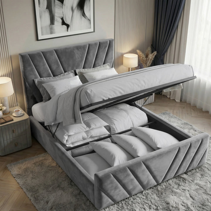 [Double | Dark Grey] Gas-lift mechanism raising mattress platform showing full-length under-bed storage in velvet frame