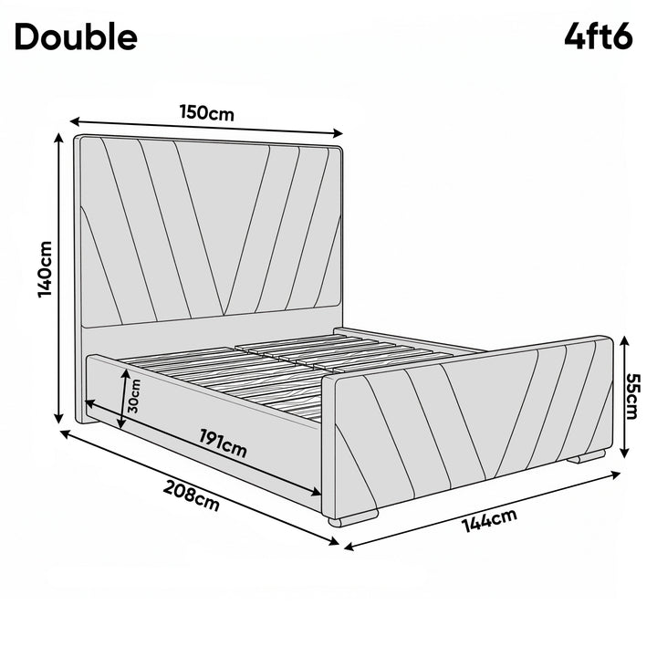 [Double | Grey] Dimensions diagram showing 150cm width and 208cm length with 140cm headboard height