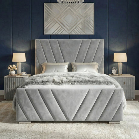 [Double | Grey] Symmetrical view showing tall V-pattern headboard with white bedding and matching lamps on both sides