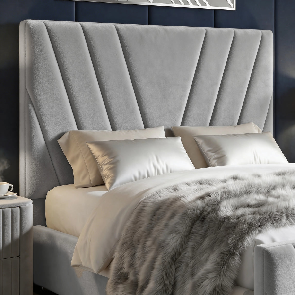 [Double | Grey] Velvet headboard texture close-up with dramatic diagonal lines and white pillows below