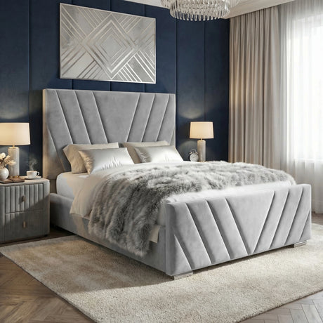 [Double | Grey] Diagonal-stitched velvet ottoman bed from the side with white bedding and throw in styled bedroom