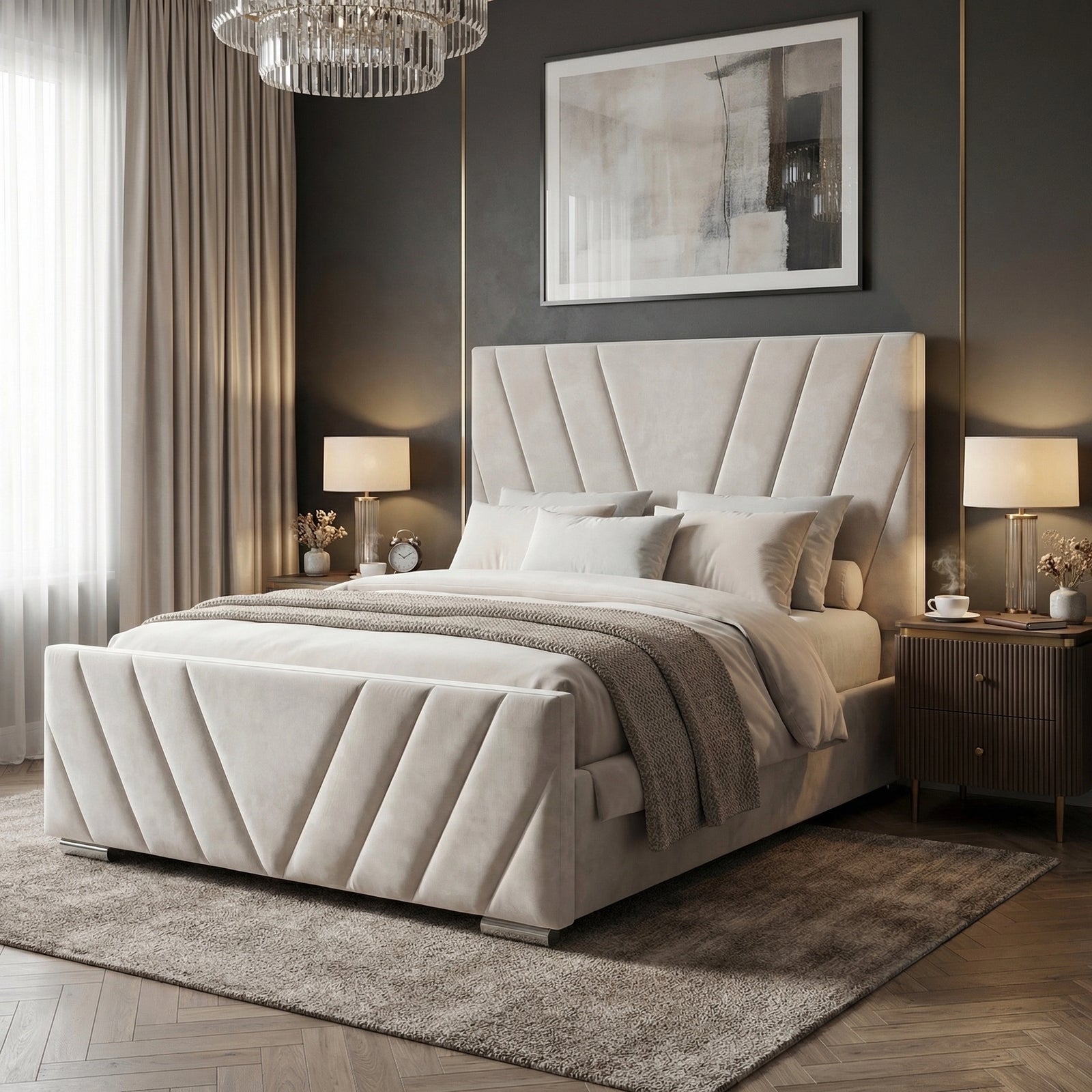 [King | Beige] Wide angle of velvet ottoman bed with chevron-stitched panels in styled bedroom with nightstands