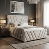 [King | Beige] Diagonal-stitched velvet ottoman bed from the side with white bedding and throw in styled bedroom