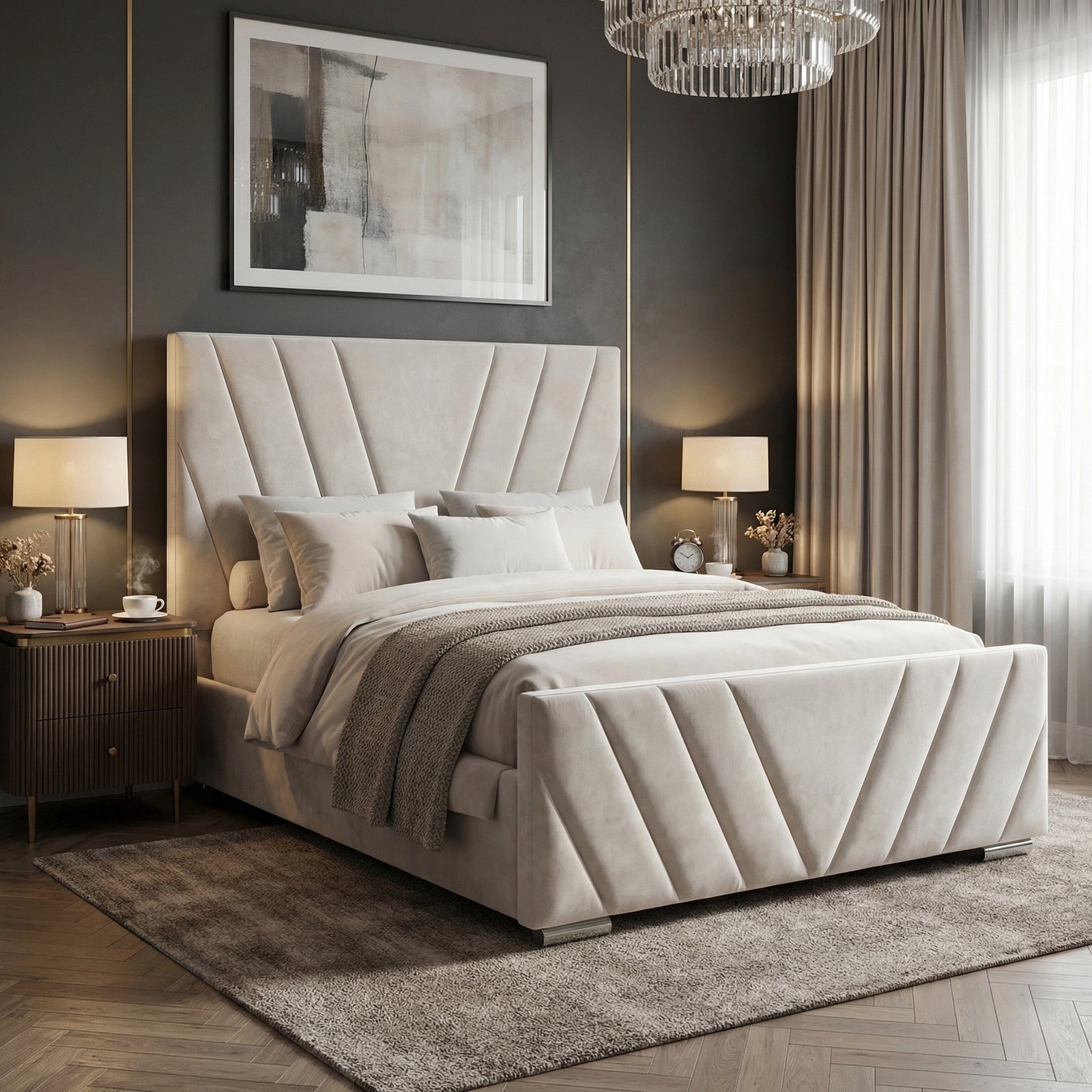 [King | Beige] Diagonal-stitched velvet ottoman bed from the side with white bedding and throw in styled bedroom