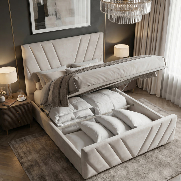 [King | Beige] Gas-lift mechanism raising mattress platform showing full-length under-bed storage in velvet frame