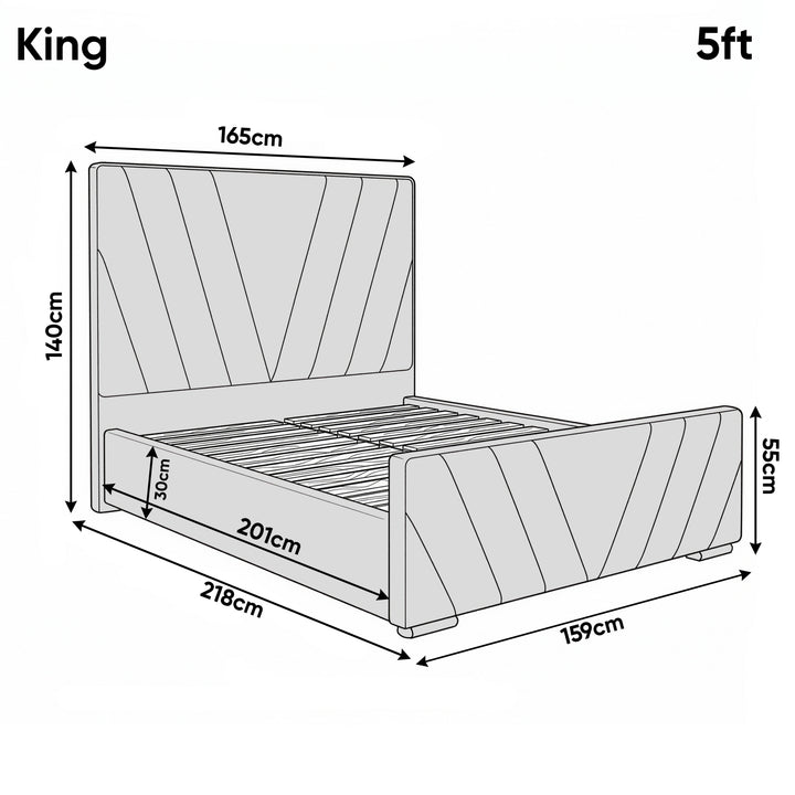 [King | Blue] Dimensions diagram showing 165cm width and 218cm length with 140cm headboard height