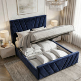 [King | Blue] Ottoman bed lifted open from side revealing deep storage compartment with pillows and duvets inside