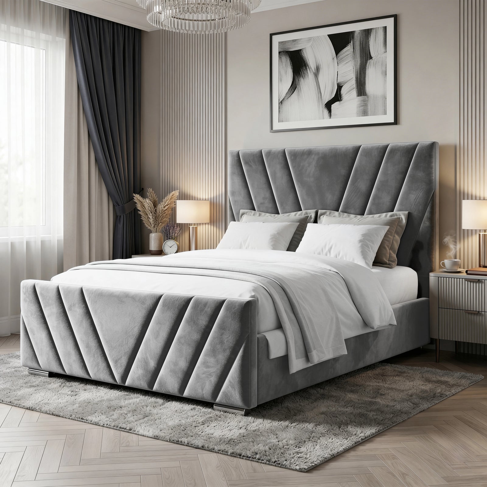 [King | Dark Grey] Wide angle of velvet ottoman bed with chevron-stitched panels in styled bedroom with nightstands