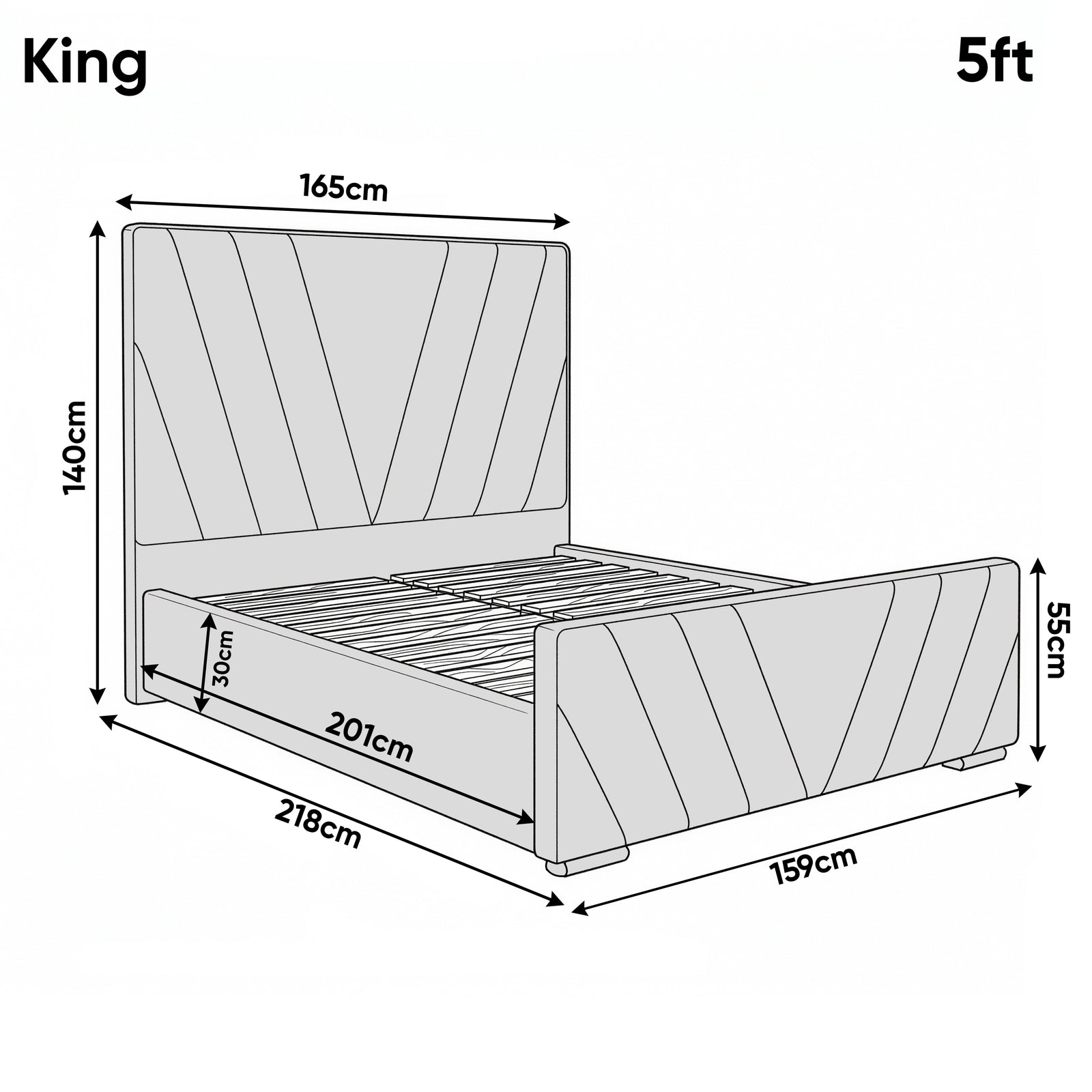 [King | Dark Grey] Dimensions diagram showing 165cm width and 218cm length with 140cm headboard height