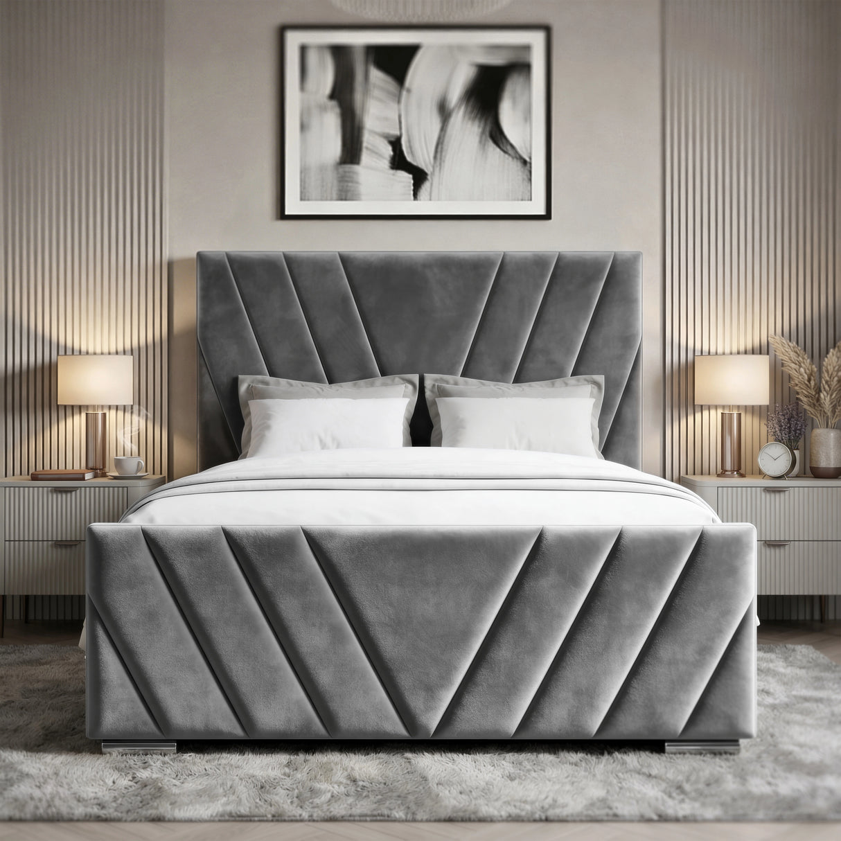 [King | Dark Grey] Velvet bed frame centred in styled bedroom with chevron panelling and abstract art above