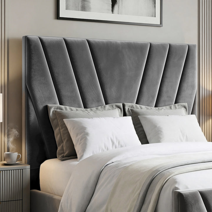 [King | Dark Grey] Headboard detail showing chevron pattern with deep channels fanning upward from centre