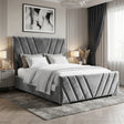 [King | Dark Grey] Diagonal-stitched velvet ottoman bed from the side with white bedding and throw in styled bedroom