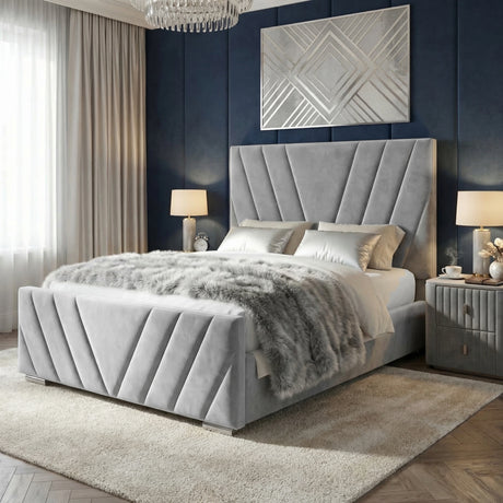 [King | Grey] Wide angle of velvet ottoman bed with chevron-stitched panels in styled bedroom with nightstands