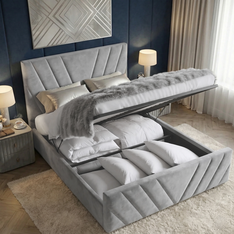 [King | Grey] Gas-lift mechanism raising mattress platform showing full-length under-bed storage in velvet frame