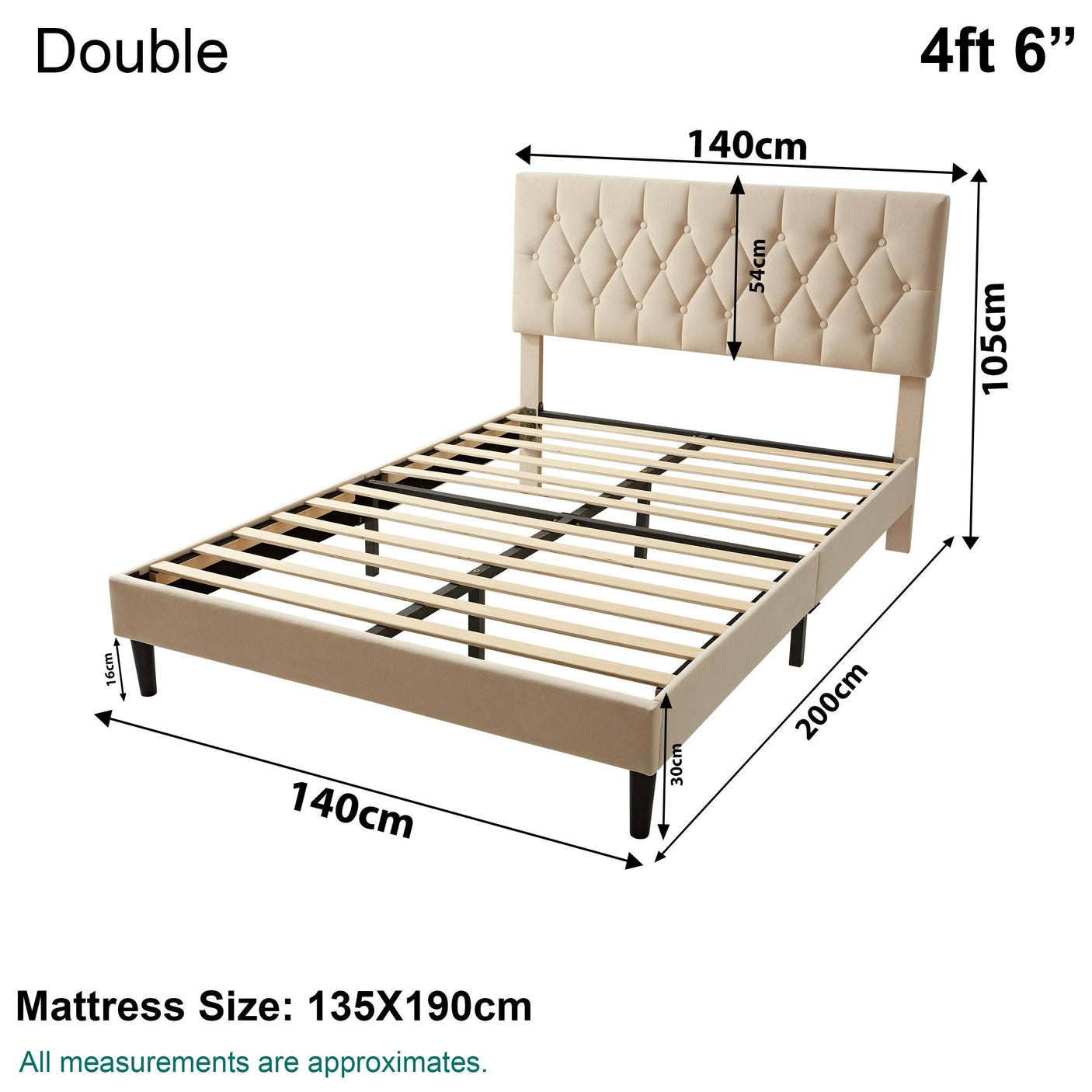 Cream velvet bed frame double with tufted headboard, wooden slats, and sturdy legs.