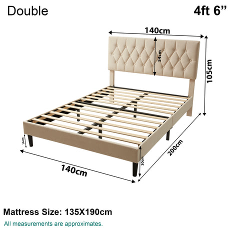 Cream velvet bed frame double with tufted headboard, wooden slats, and sturdy legs.