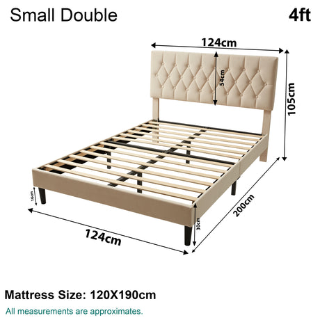 Cream velvet bed frame small double with tufted headboard and wooden slat base.