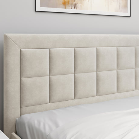 Beige ottoman bed high headboard, combining style and convenient storage.