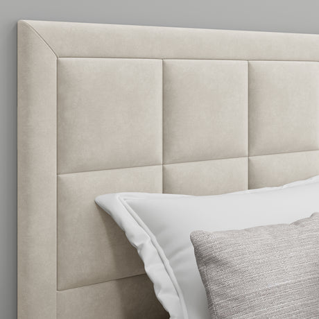 Beige high headboard bed ottoman, offering style and hidden storage.