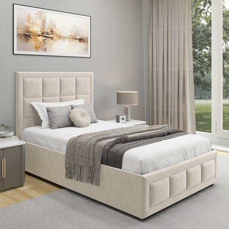 Beige single ottoman bed with cushion and quilt, combining comfort and hidden storage.