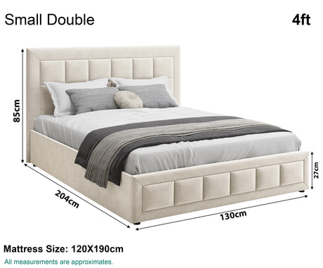 small double ottoman bed size, 204cm x 85cm x 130cm, offering storage and comfort.