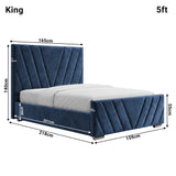 Detailed dimensions of the blue velvet ottoman king bed, highlighting height 140 cm, width 165 cm, and length 218 cm