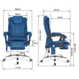 Velvet blue office desk chair with ergonomic design and adjustable dimensions.