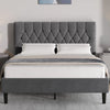[King | Grey] Front view of velvet bed with chesterfield diamond button-tufted adjustable headboard and tapered legs