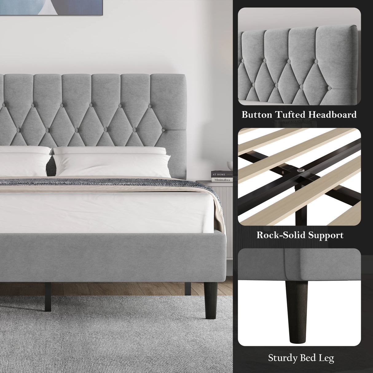 [King | Light Grey] Detail collage showing button-tufted headboard and sturdy wooden slat base and tapered black legs