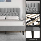 [King | Light Grey] Detail collage showing button-tufted headboard and sturdy wooden slat base and tapered black legs