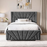 [Small Double | Dark Grey] A modern grey upholstered bed with a tall, sunrise headboard and matching footboard, styled in a bright bedroom with white bedding, a nightstand, and a rug from front