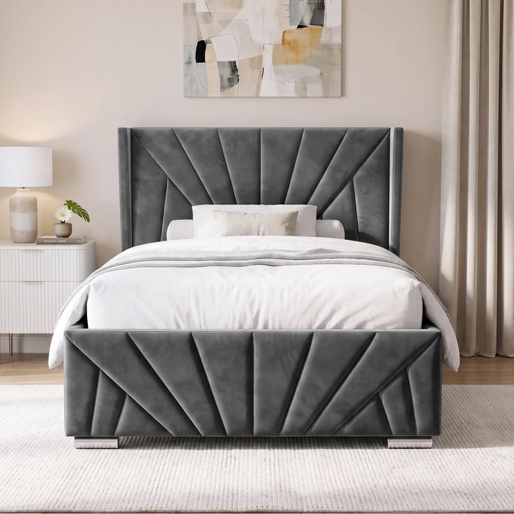 [Small Double | Dark Grey] A modern grey upholstered bed with a tall, sunrise headboard and matching footboard, styled in a bright bedroom with white bedding, a nightstand, and a rug from front