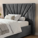 [Small Double | Dark Grey] upholstered bed frame with a large wingback headboard in dark grey velvet, styled with white bedding, a beige pillow.