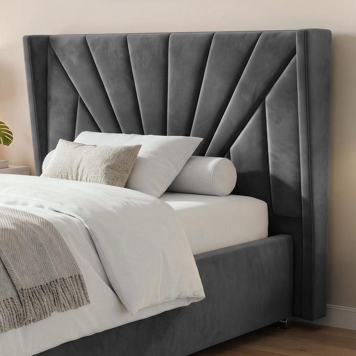 [Small Double | Dark Grey] upholstered bed frame with a large wingback headboard in dark grey velvet, styled with white bedding, a beige pillow.