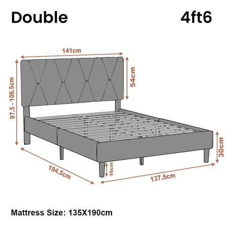 [Double | Beige] Technical specification with 97.5-106.5cm headboard height range and 30cm base height