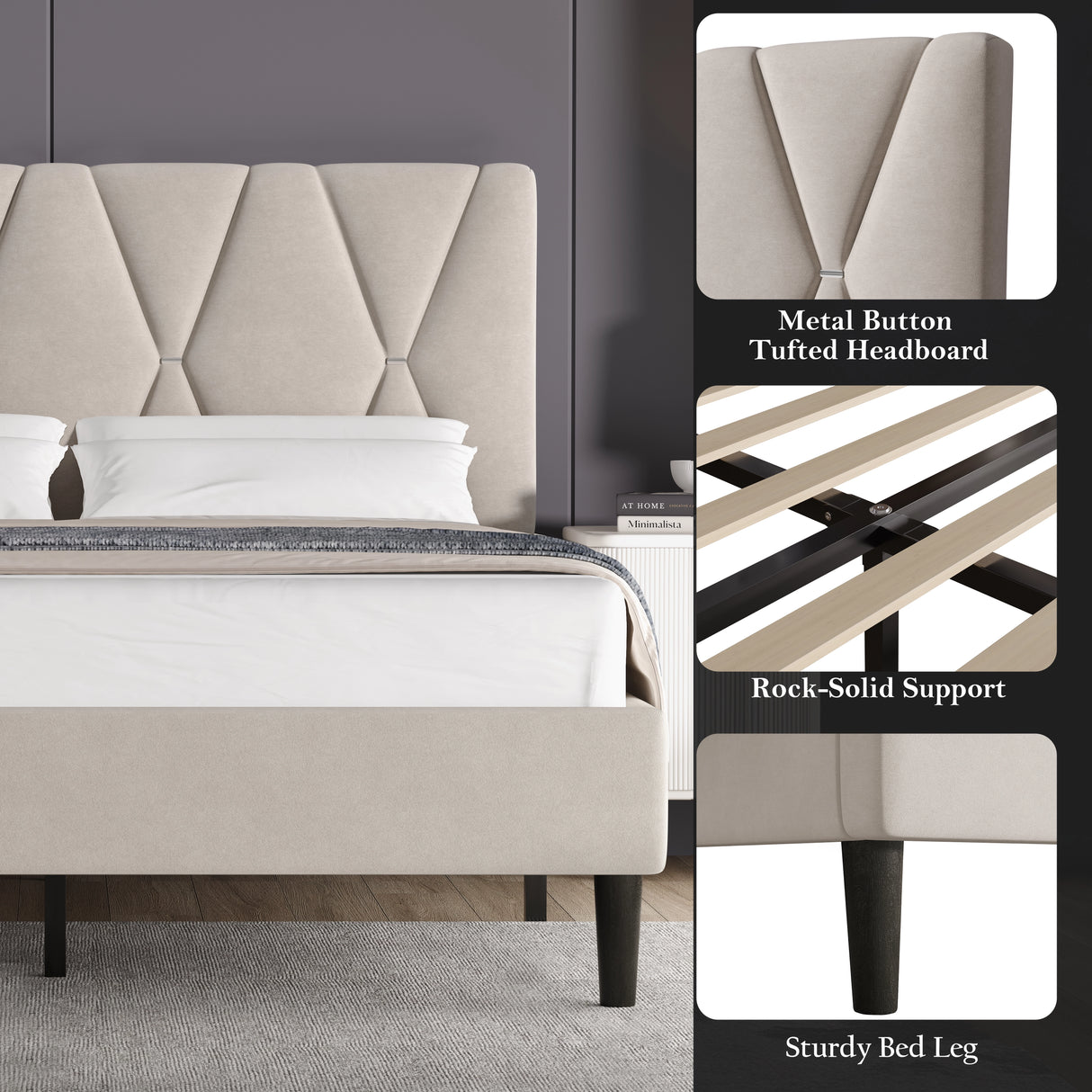 [Double | Beige] Detail collage showing metal button tufted headboard and sturdy tapered bed leg and slat support