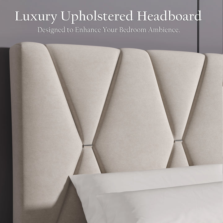 [Double | Beige] Close-up of diamond-tufted headboard showing geometric X-pattern with metal button details