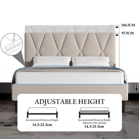 [Double | Beige] Bed frame with mattress showing overall proportions and adjustable headboard height range