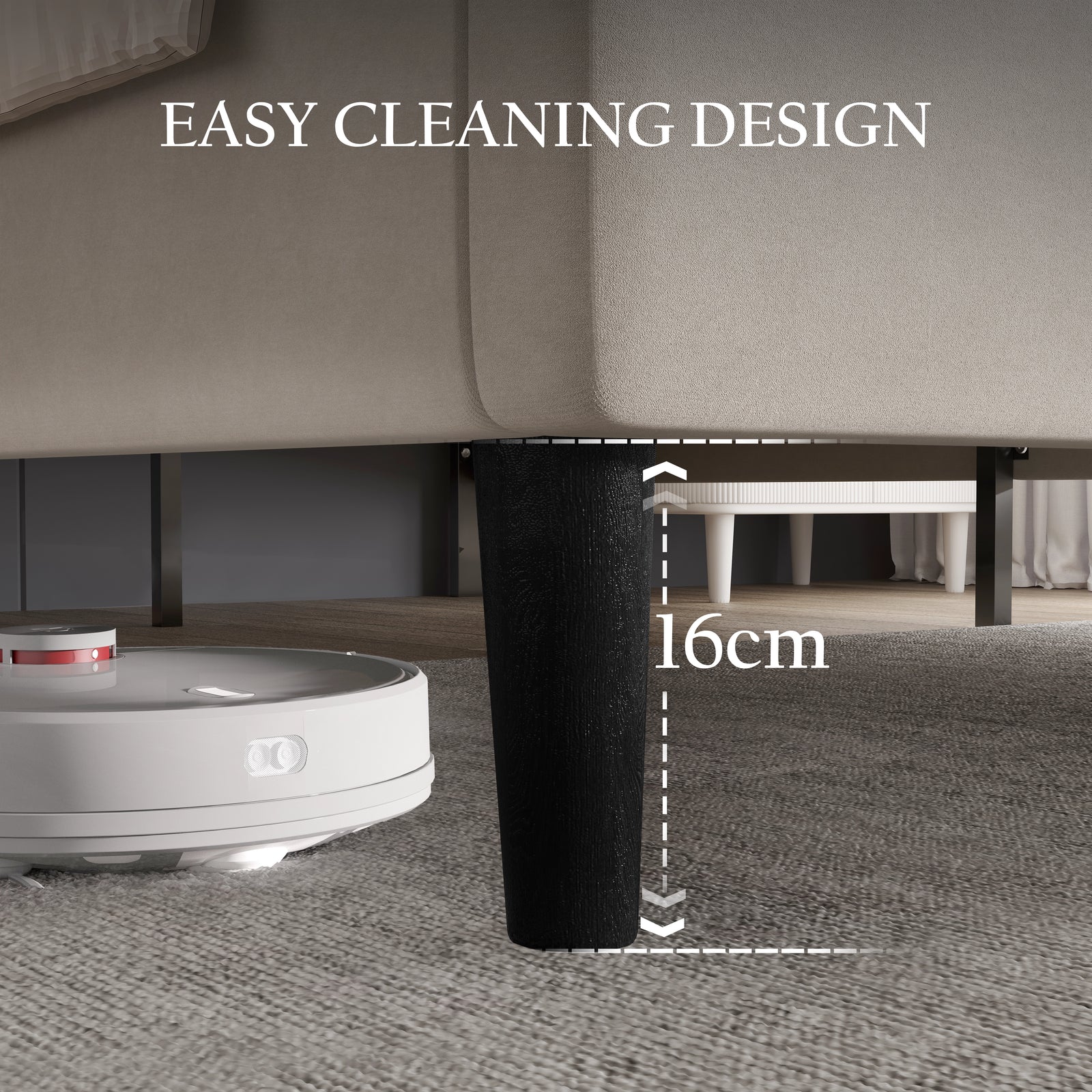 [Double | Beige] Under-bed clearance view showing sixteen centimetre gap beneath velvet frame for easy cleaning