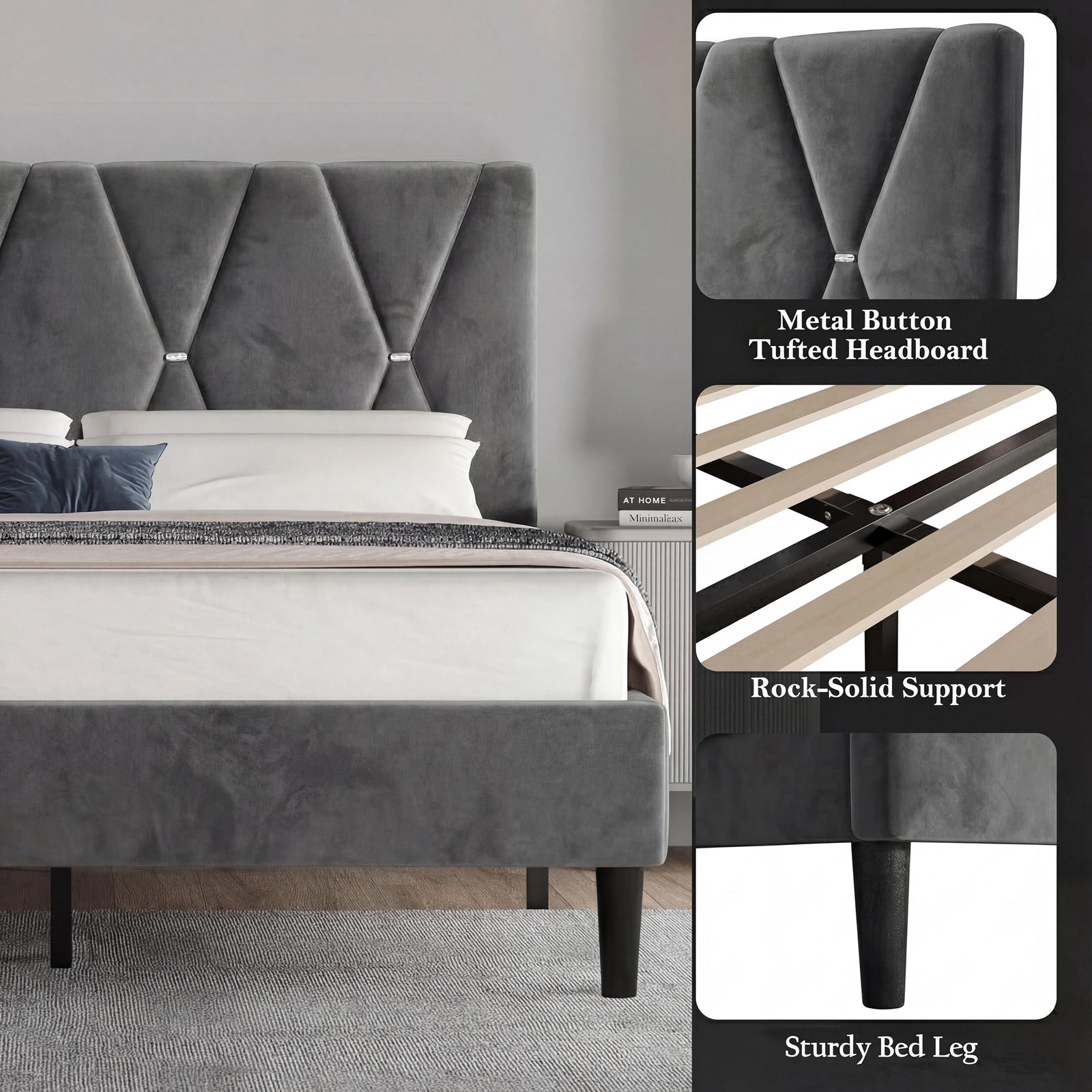 [Double | Dark Grey] Detail collage showing metal button tufted headboard and sturdy tapered bed leg and slat support