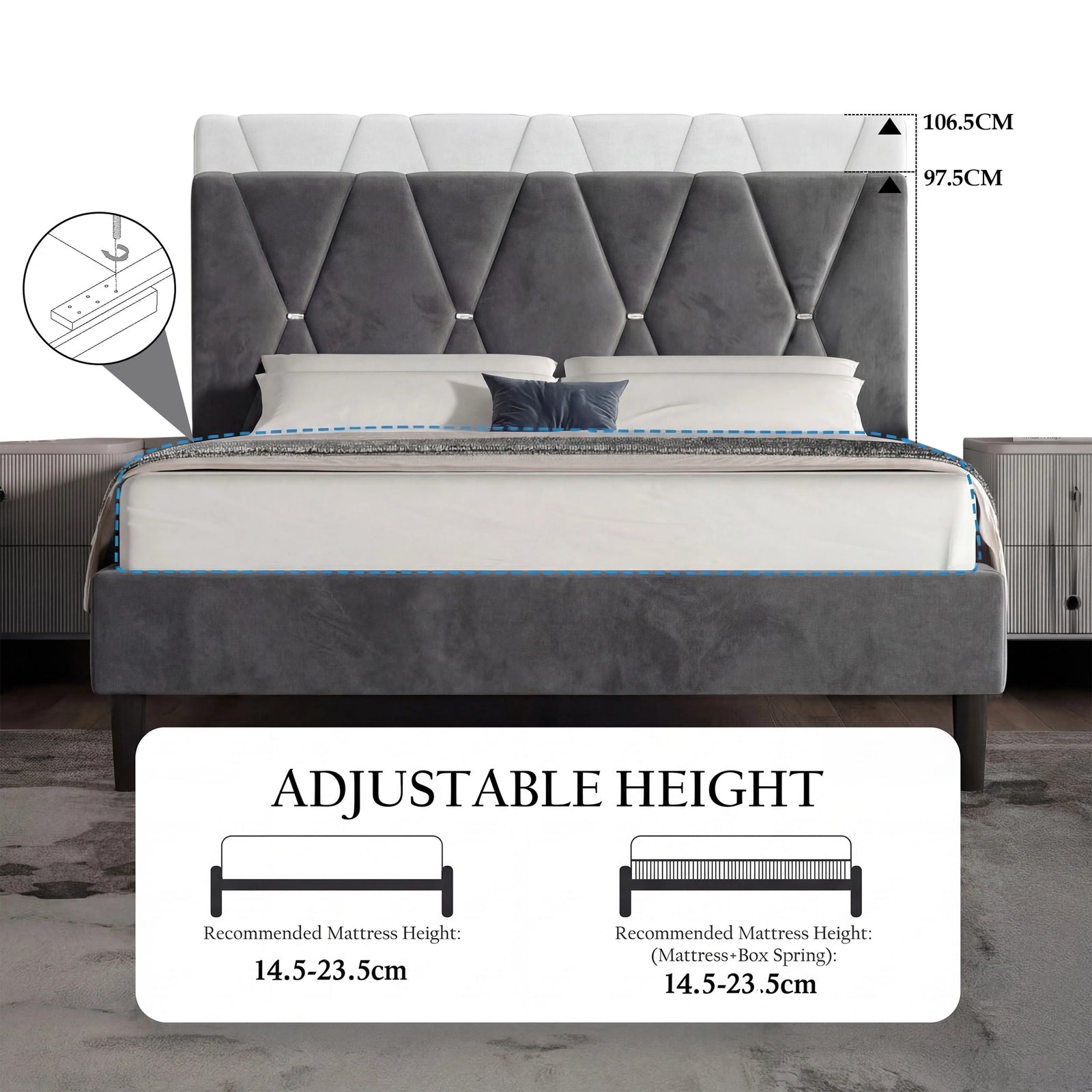 [Double | Dark Grey] Headboard detail showing deep channel stitching forming geometric diamond shapes in velvet