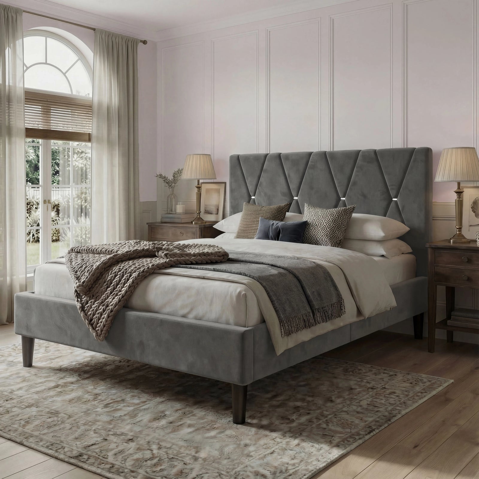 [Double | Dark Grey] Side angle of velvet bed with diamond-tufted headboard in classic room with white panel moulding