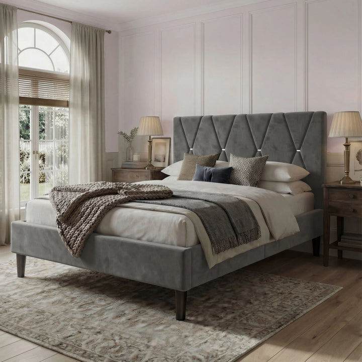 [Double | Dark Grey] Side angle of velvet bed with diamond-tufted headboard in classic room with white panel moulding