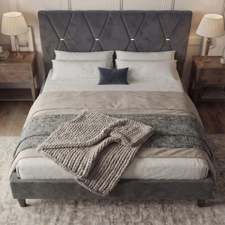 [Double | Dark Grey] Velvet bed frame with X-pattern headboard on jute rug with wooden blinds and garden view