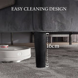 [Double | Dark Grey] Open slat support structure inside diamond-tufted bed frame with tapered dark legs