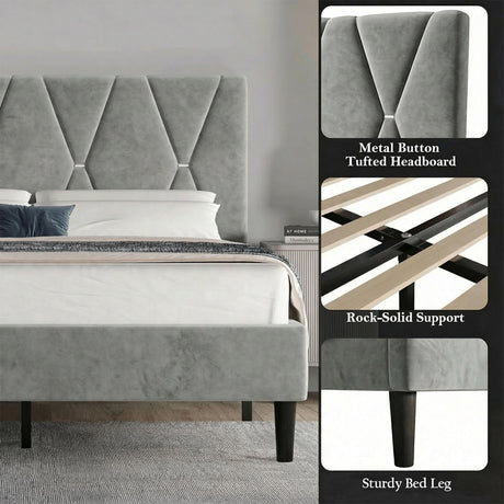 [Double | Grey] Detail collage showing metal button tufted headboard and sturdy tapered bed leg and slat support