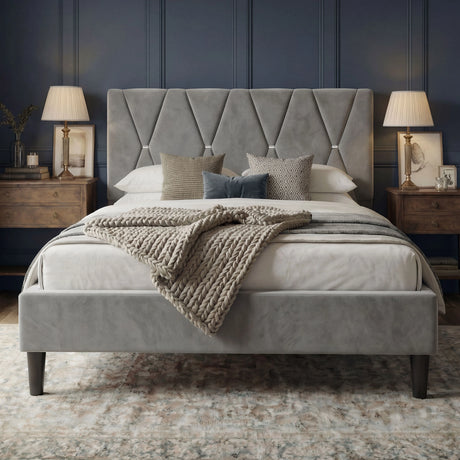 [Double | Grey] Velvet bed from the front with geometric headboard in country-style room with wainscoting