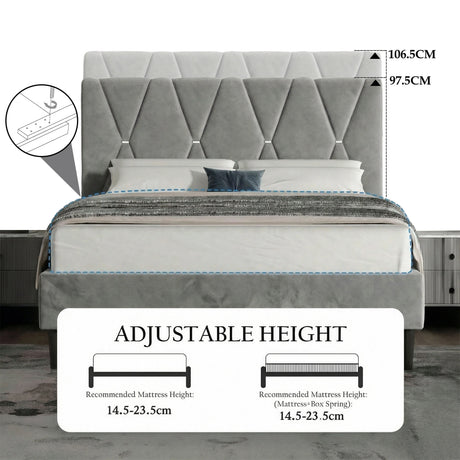 [Double | Grey] Close-up of diamond-tufted headboard with metal buttons at X-pattern intersections