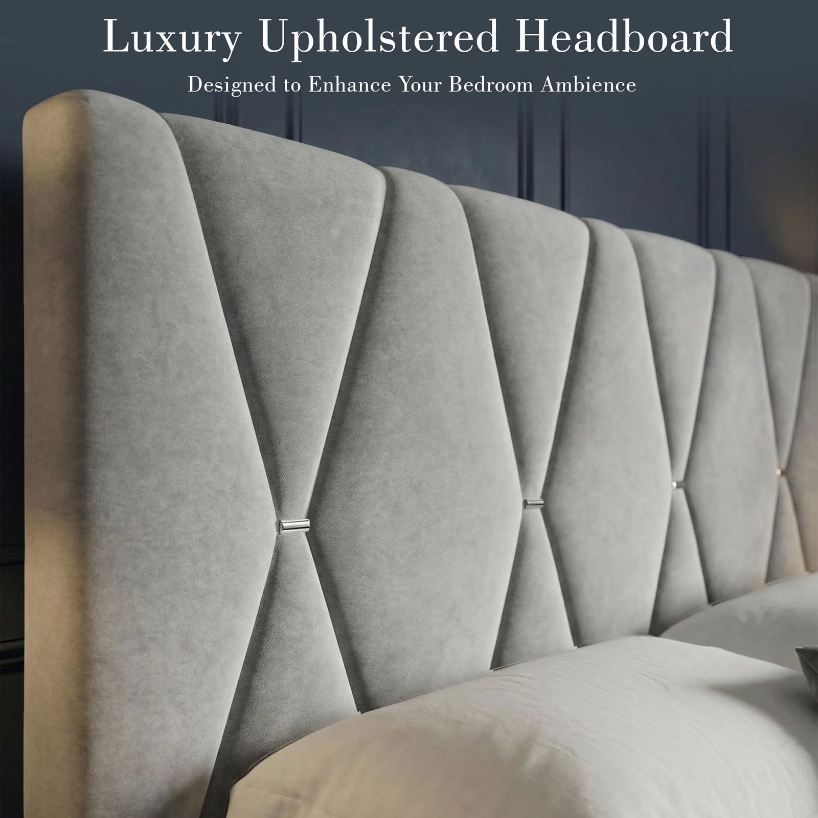 [Double | Grey] Overhead angled view of velvet bed with diamond headboard in sage green country bedroom