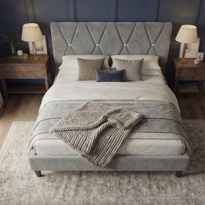[Double | Grey] Velvet bed frame with X-pattern headboard on vintage rug with sheer curtains and natural light
